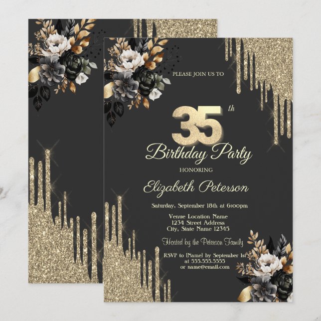 Gold Glitter Drips Black Roses Dark 35th Birthday Einladung (Vorne/Hinten)