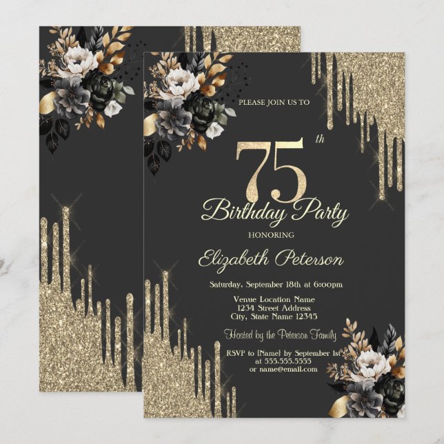 Gold Glitter Drips Black Roses Dark 75th Birthday Einladung (Vorne/Hinten)