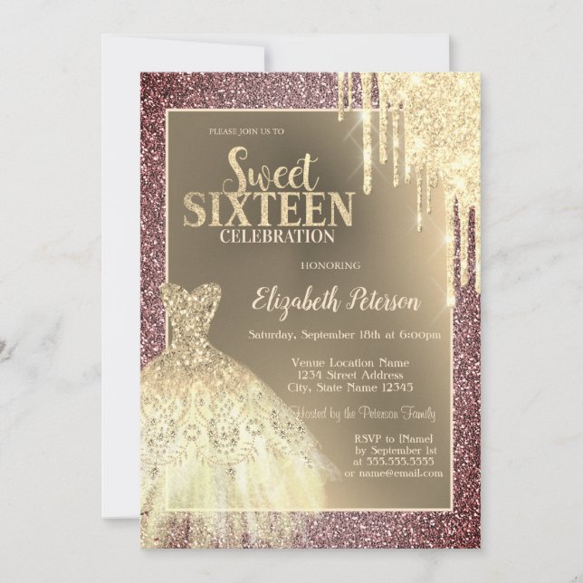 Gold Glitter Drips,Dress Glitter Sweet 16 Einladung (Vorderseite)