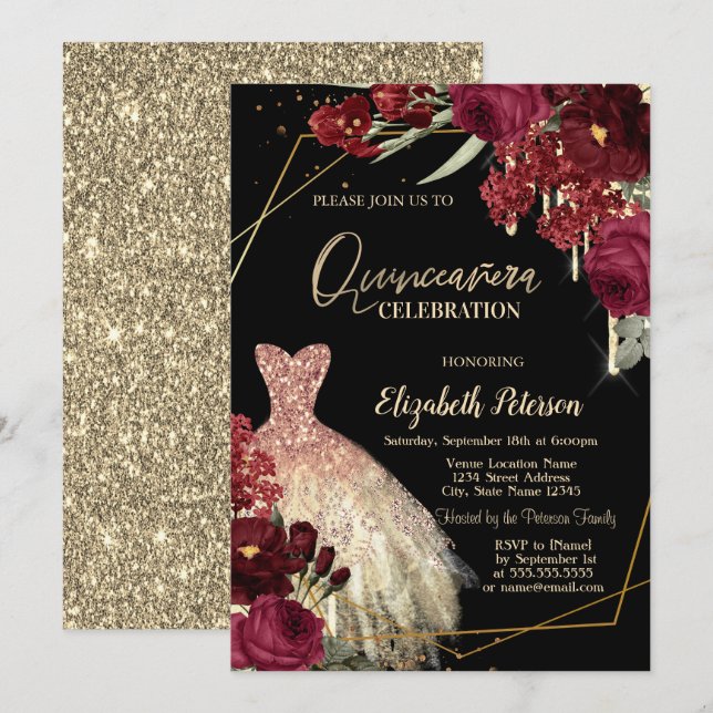 Gold Glitter Drips,Dress Red Roses Quinceañera Einladung (Vorne/Hinten)