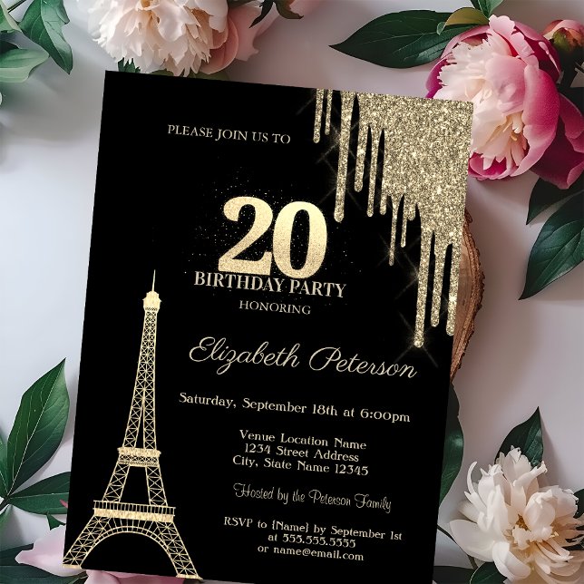 Gold Glitter Drips, Eiffel Tower 20th Birthday Einladung (Von Creator hochgeladen)