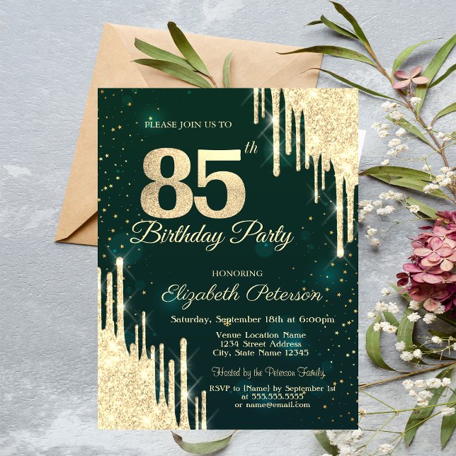 Gold Glitter Drips Green 85th Birthday  Einladung (Von Creator hochgeladen)