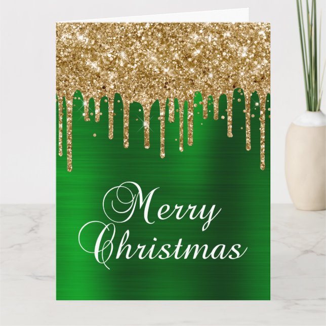 Gold Glitter Drips Green Foil Merry Christmas Karte (Vorderseite)