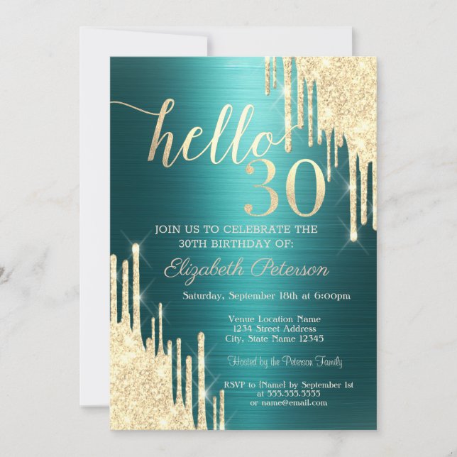 Gold Glitter Drips Green Metallic 30th Birthday Einladung (Vorderseite)