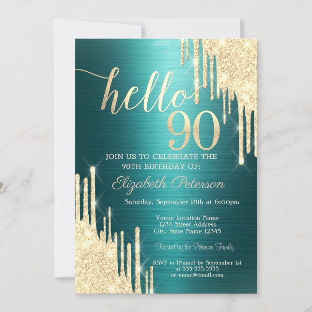 Gold Glitter Drips Green Metallic 90th Birthday Einladung (Vorderseite)