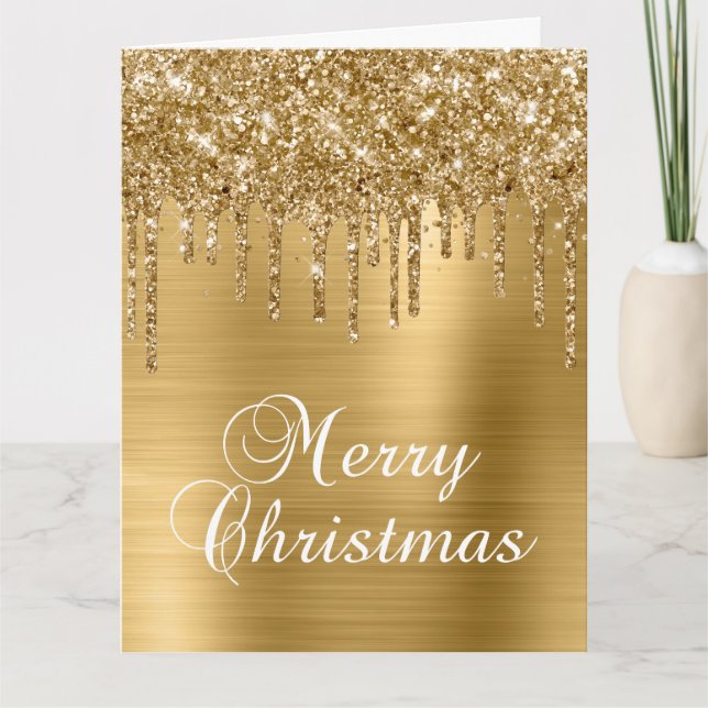 Gold Glitter Drips Metallic Merry Christmas Karte (Vorderseite)