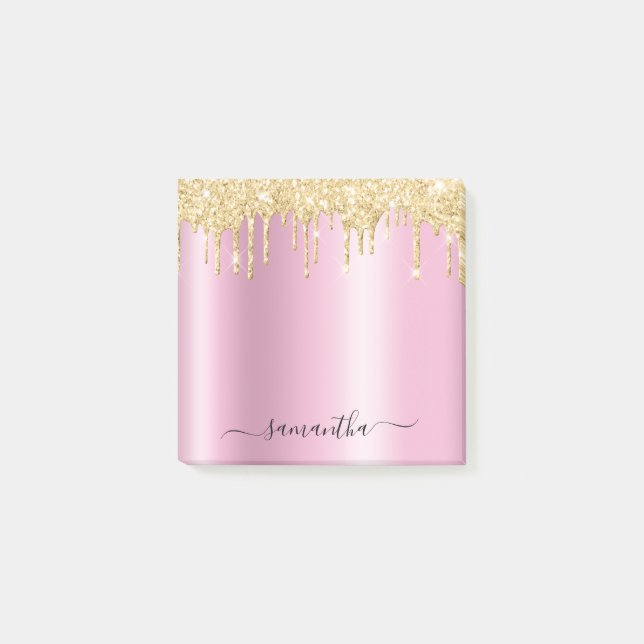 Gold Glitter Drips Pink Shimmer Glam Name Post-it Klebezettel (Vorderseite)