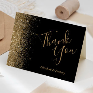 Gold Glitter Edge Black Wedding Thank You Card Karte