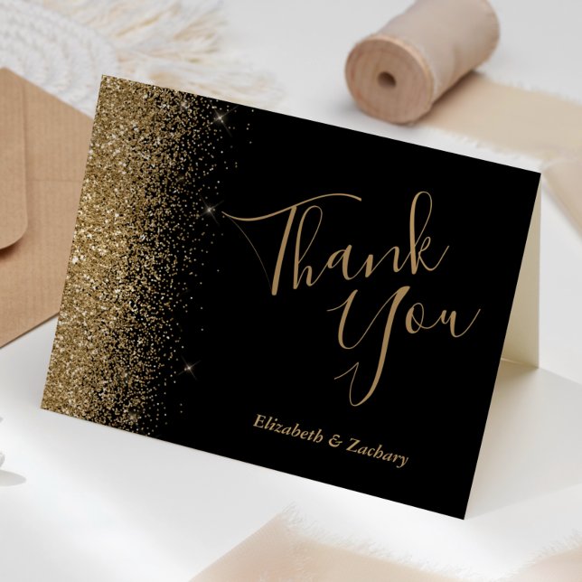 Gold Glitter Edge Black Wedding Thank You Card Karte (Von Creator hochgeladen)