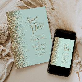 Gold Glitter Edge Mint Green Save the Date Ankündigung