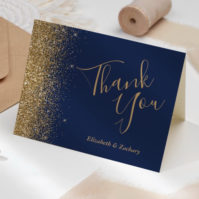 Gold Glitter Edge Navy Blue Wedding Thank You Karte (Von Creator hochgeladen)