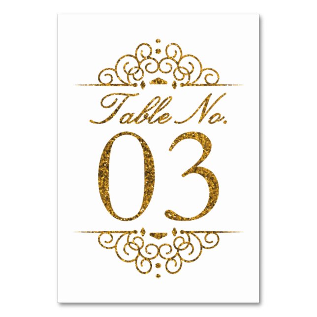 Gold Glitter Effekt Hochzeit Tischnummernkarte (03 Tischnummer (Vorderseite)