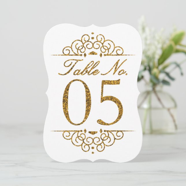 Gold Glitter Effekt Hochzeit Tischnummernkarte (05 Einladung (Stehend Vorderseite)