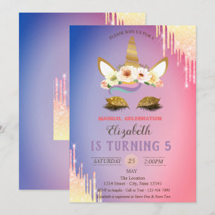 Gold Glitter Einhorn Blumen, Ombre Tropfen Geburts Einladung