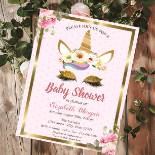 Gold Glitter Einhorn Blumen Punkte Babyparty Einladung