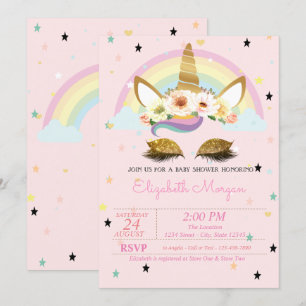 Gold Glitter Einhorn Floral Regenbogen Baby Shower Einladung