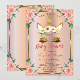 Gold Glitter Einhorn Florale Roségold-Babyparty Einladung