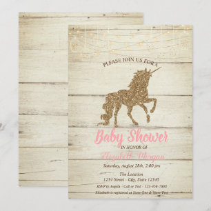 Gold Glitter Einhorn Holzstruktur Baby Shower Einladung