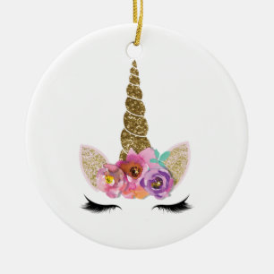 Gold Glitter Einhorn Horn Floral Personalisiert Keramik Ornament