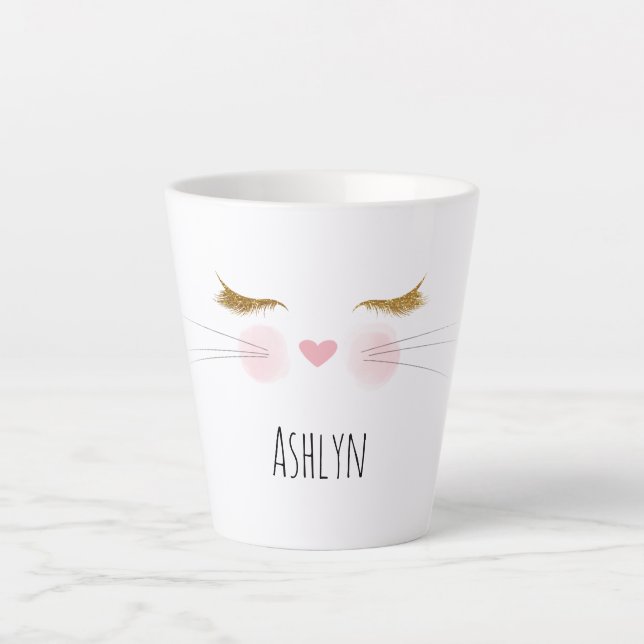 Gold Glitter Eyelashes Pink Nose Kitty Cat Face Milchtasse (Vorderseite)