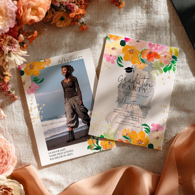 Gold glitter floral photo botanical graduation einladung (Gold glitter floral photo botanical graduation invitation)