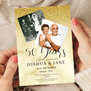 Gold Glitter Foto 50. Hochzeitstag Einladung