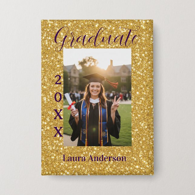 Gold Glitter Foto Abschluss Name Klasse Text Button (Vorderseite)