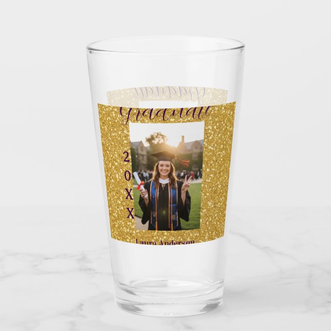 Gold Glitter Foto Abschluss Name Klasse Text Glas (Vorderseite)