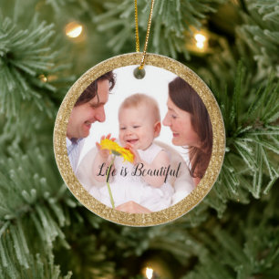 Gold Glitter Frame Personalized Foto and Quote Keramik Ornament