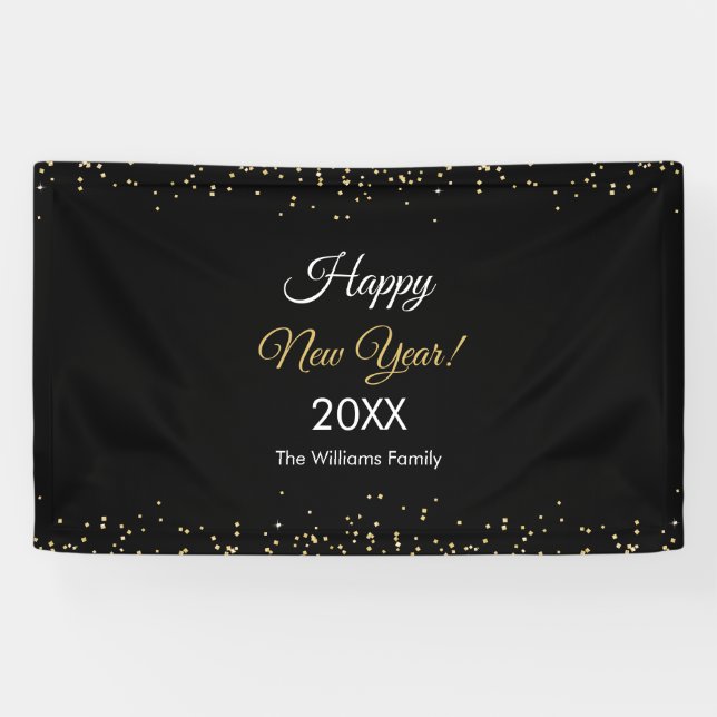 Gold Glitter Frohes Neues Jahr Schwarze Party Banner (Horizontal)