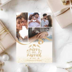 Gold Glitter Fröhlich und Verheiratet 5 Foto Feiertagskarte