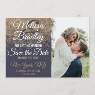 Gold Glitter Funken Navy Blau Save the Dates Einladung
