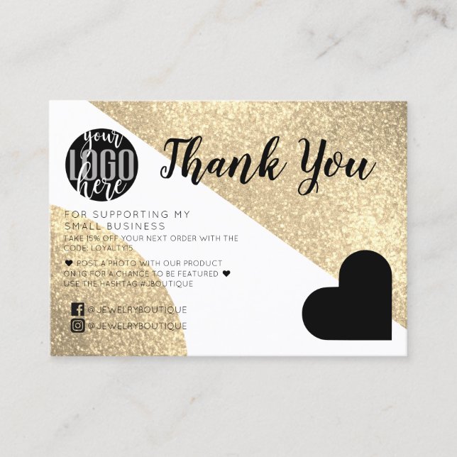 Gold Glitter Geo Heart Logo Customer Thank You Visitenkarte (Vorderseite)