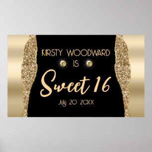 Gold Glitter Glam Rand & Diamanten Sweet 16 Poster