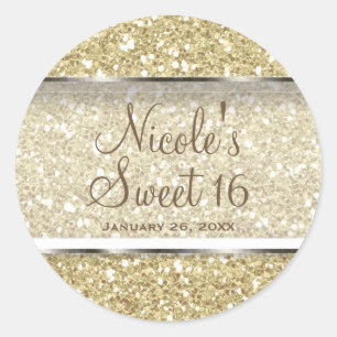 Gold Glitter Glam Sweet 16 Benutzerdefiniertes Par Runder Aufkleber