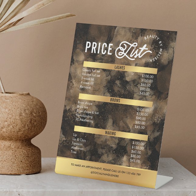 Gold Glitter Glam Watercolor Salon Services Menu Sockelschild (Trendy black and gold glitter watercolor style business price list pedestal sign)
