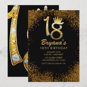 Gold Glitter Glamour Krone Diamant Bling 18. Gebur Einladung