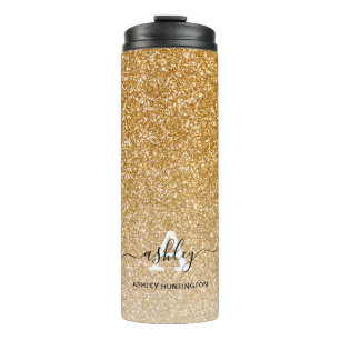 Gold Glitter Glanz Ombre Mädchen Monogramm Name Thermosbecher