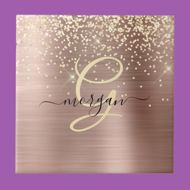 Gold Glitter, Gold Monogram, Black Script Name Fliese (Von Creator hochgeladen)