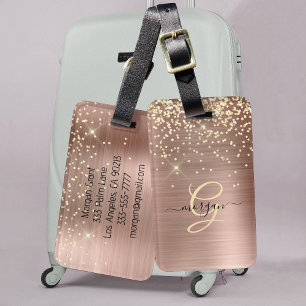 Gold Glitter, Gold Monogramm, schwarzer Schriftnam Gepäckanhänger