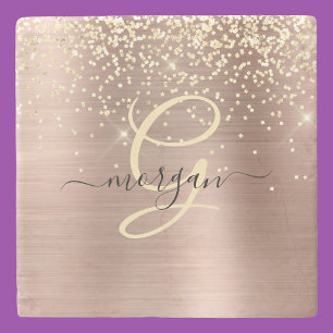 Gold Glitter, Gold Monogramm, Schwarzer Schriftnam Steinuntersetzer