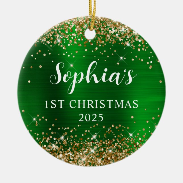 Gold Glitter Green Faux Foil 1st Christmas Photo Keramik Ornament (Vorne)