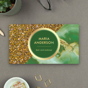 Gold Glitter Grüner Marmor Friseursalon Visagist Visitenkarte
