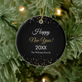 Gold Glitter Happy New Year Black Keramik Ornament