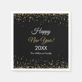 Gold Glitter Happy New Year Black Party Serviette