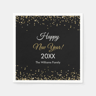 Gold Glitter Happy New Year Black Party Serviette