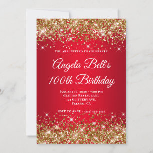 Gold Glitter Helles Rot Ombre 100. Geburtstag Einladung
