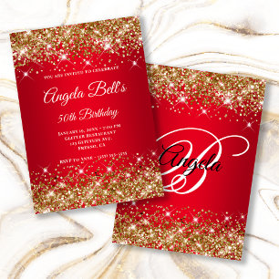 Gold Glitter Helles Rot Ombre Fancy Monogramm Einladung