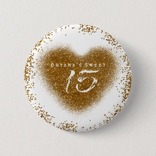 Gold Glitter Herz 15 Quinceincera Geburtstags-Pin Button