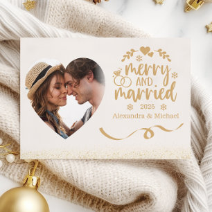Gold Glitter Herz Foto Frohe & Verheiratete Feiertagskarte